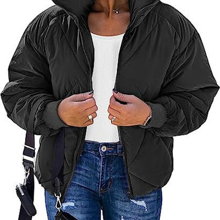 Women's Quilted Batwing Sleeve Long Sleeve Full Zipper Pocket Warm Short Jacket