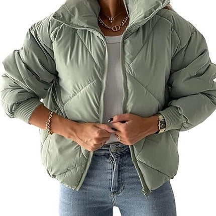 Women's Quilted Batwing Sleeve Long Sleeve Full Zipper Pocket Warm Short Jacket