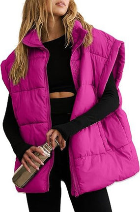 Women's Puffer Vest Sleeveless Zip Up Quilted Coat Stand Collar Gilet Jacket With Pockets