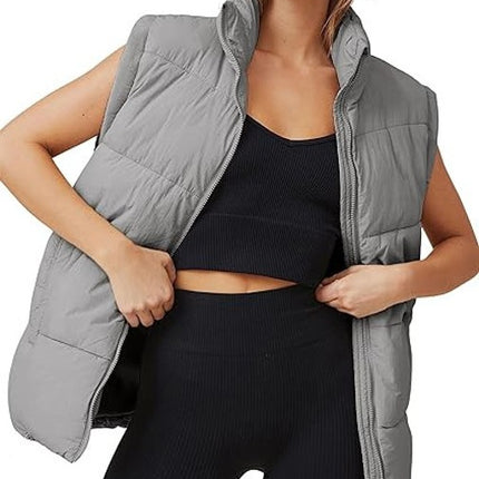 Women's Puffer Vest Sleeveless Zip Up Quilted Coat Stand Collar Gilet Jacket With Pockets