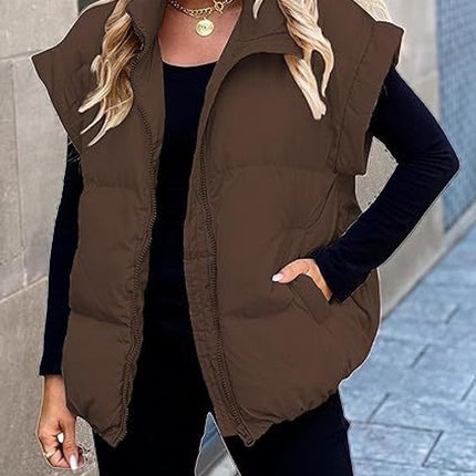 Women's Puffer Vest Sleeveless Zip Up Quilted Coat Stand Collar Gilet Jacket With Pockets