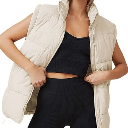 Women's Puffer Vest Sleeveless Zip Up Quilted Coat Stand Collar Gilet Jacket With Pockets