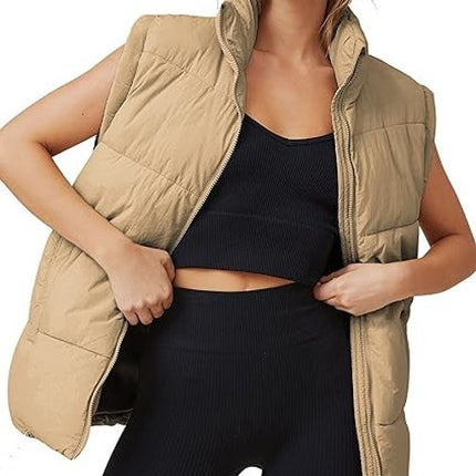 Women's Puffer Vest Sleeveless Zip Up Quilted Coat Stand Collar Gilet Jacket With Pockets