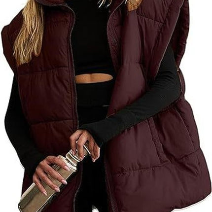 Women's Puffer Vest Sleeveless Zip Up Quilted Coat Stand Collar Gilet Jacket With Pockets