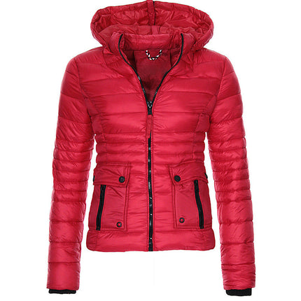 Women's Long Sleeve Zipper Cuff Down Coat Winter Quilted with Pockets Hood Short Jacket