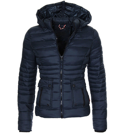 Women's Long Sleeve Zipper Cuff Down Coat Winter Quilted with Pockets Hood Short Jacket