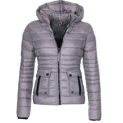 Women's Long Sleeve Zipper Cuff Down Coat Winter Quilted with Pockets Hood Short Jacket