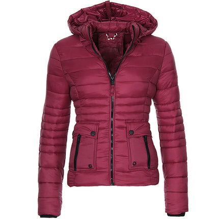 Women's Long Sleeve Zipper Cuff Down Coat Winter Quilted with Pockets Hood Short Jacket