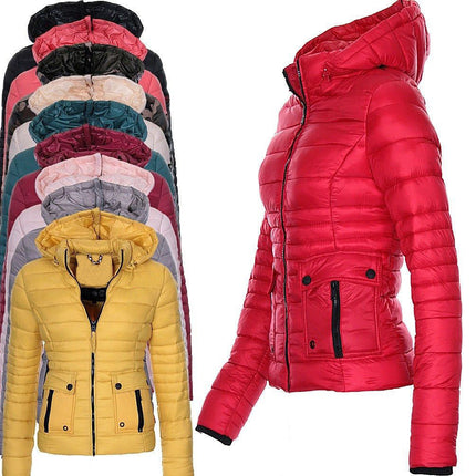 Women's Long Sleeve Zipper Cuff Down Coat Winter Quilted with Pockets Hood Short Jacket