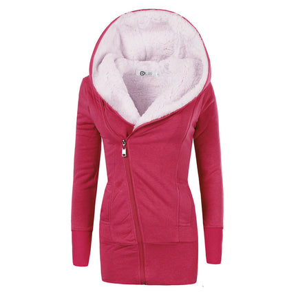 Women's Winter Long Hooded Zipper Sherpa Wool Warm Heavy Sweatshirt Jacket