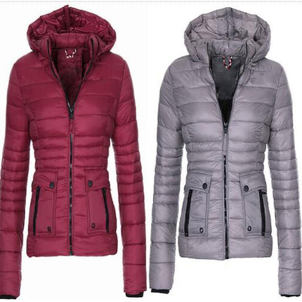 Women's Long Sleeve Zipper Cuff Down Coat Winter Quilted with Pockets Hood Short Jacket