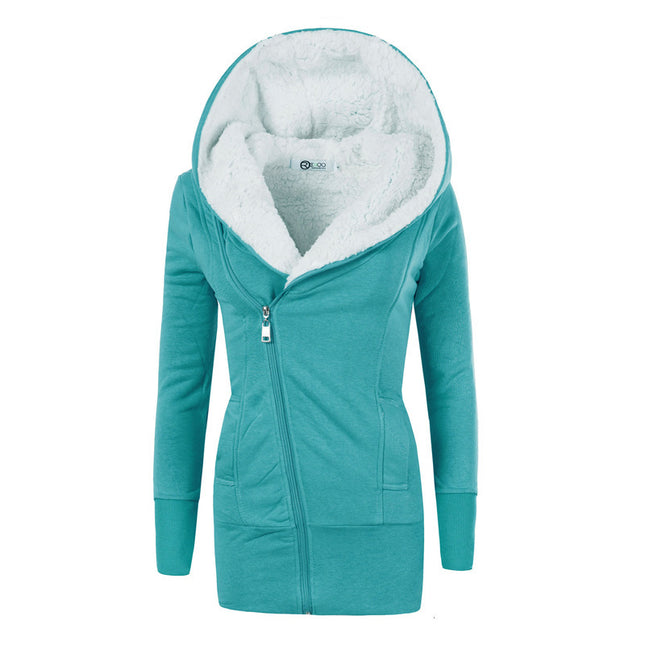 Women's Winter Long Hooded Zipper Sherpa Wool Warm Heavy Sweatshirt Jacket