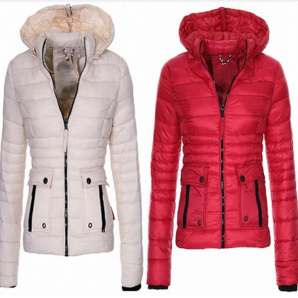 Women's Long Sleeve Zipper Cuff Down Coat Winter Quilted with Pockets Hood Short Jacket