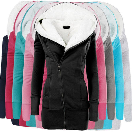 Women's Winter Long Hooded Zipper Sherpa Wool Warm Heavy Sweatshirt Jacket