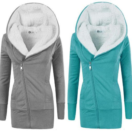 Women's Winter Long Hooded Zipper Sherpa Wool Warm Heavy Sweatshirt Jacket