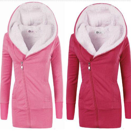 Women's Winter Long Hooded Zipper Sherpa Wool Warm Heavy Sweatshirt Jacket