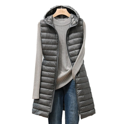 Women's Long Hooded Down Vest Winter Lightweight Down Vest Sleeveless Hooded Down Jacket