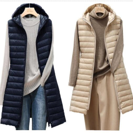 Women's Long Hooded Down Vest Winter Lightweight Down Vest Sleeveless Hooded Down Jacket