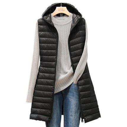 Women's Long Hooded Down Vest Winter Lightweight Down Vest Sleeveless Hooded Down Jacket