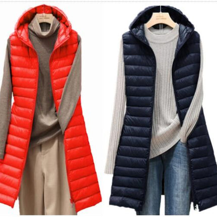 Women's Long Hooded Down Vest Winter Lightweight Down Vest Sleeveless Hooded Down Jacket