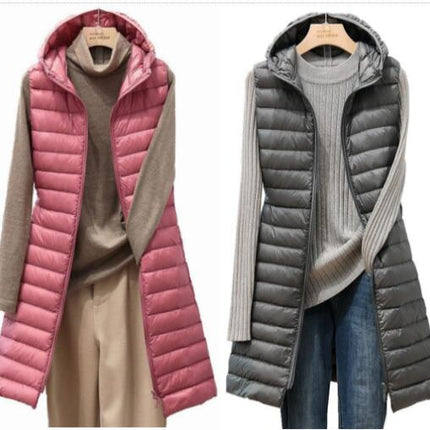 Women's Long Hooded Down Vest Winter Lightweight Down Vest Sleeveless Hooded Down Jacket