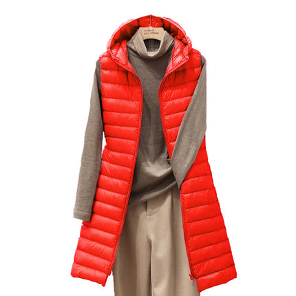 Women's Long Hooded Down Vest Winter Lightweight Down Vest Sleeveless Hooded Down Jacket