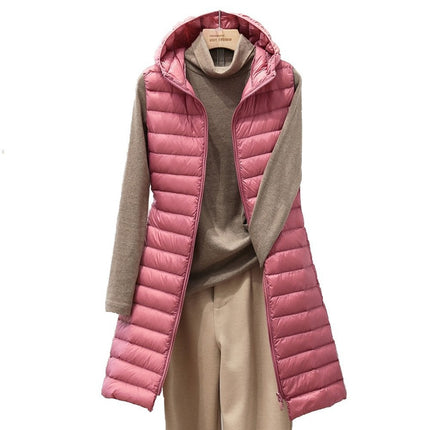 Women's Long Hooded Down Vest Winter Lightweight Down Vest Sleeveless Hooded Down Jacket