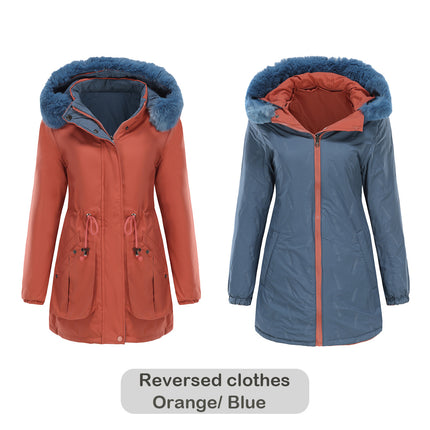 Women's Winter Zipper Jacket, Warm Reversible Thickened Parker Coat with Detachable Fur Hat Coat