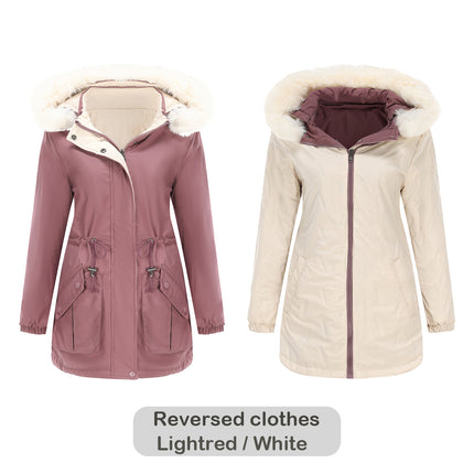 Women's Winter Zipper Jacket, Warm Reversible Thickened Parker Coat with Detachable Fur Hat Coat