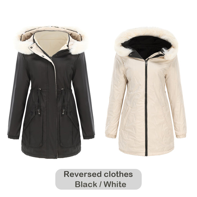 Women's Winter Zipper Jacket, Warm Reversible Thickened Parker Coat with Detachable Fur Hat Coat