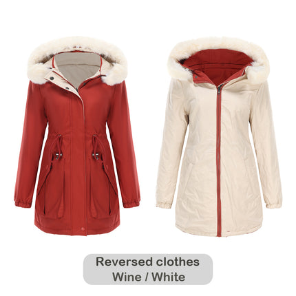 Women's Winter Zipper Jacket, Warm Reversible Thickened Parker Coat with Detachable Fur Hat Coat