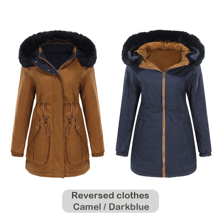 Women's Winter Zipper Jacket, Warm Reversible Thickened Parker Coat with Detachable Fur Hat Coat