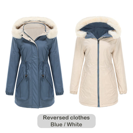 Women's Winter Zipper Jacket, Warm Reversible Thickened Parker Coat with Detachable Fur Hat Coat