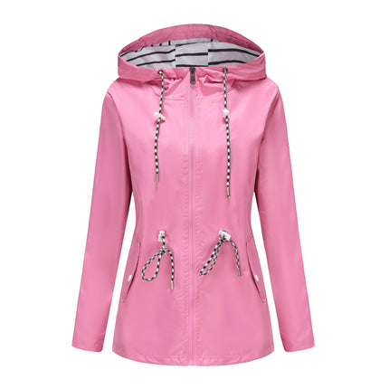 Women's Lightweight Raincoat Waterproof Windbreaker Striped Lined Outdoor Hooded Windbreaker