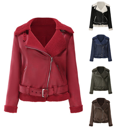 Women's Faux Suede Zipper Motorcycle Jacket Lapel Padded Short Casual with Pockets Jacket