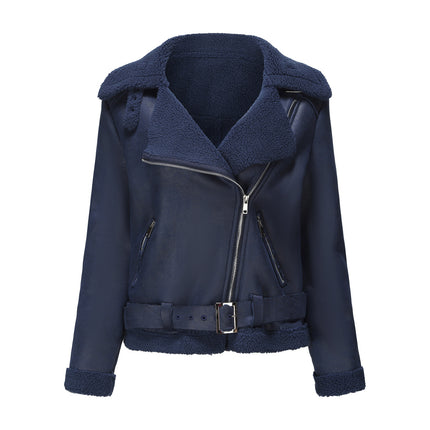 Women's Faux Suede Zipper Motorcycle Jacket Lapel Padded Short Casual with Pockets Jacket