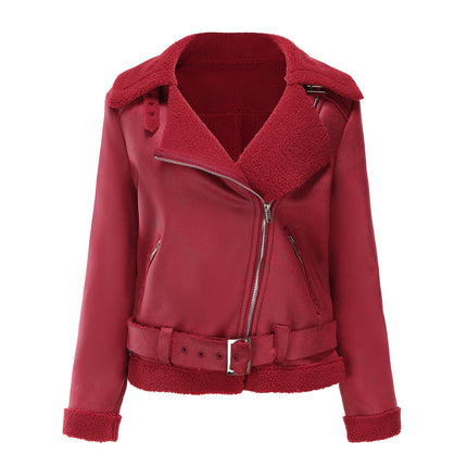 Women's Faux Suede Zipper Motorcycle Jacket Lapel Padded Short Casual with Pockets Jacket