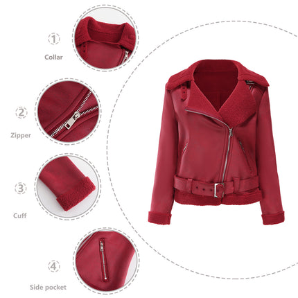 Women's Faux Suede Zipper Motorcycle Jacket Lapel Padded Short Casual with Pockets Jacket