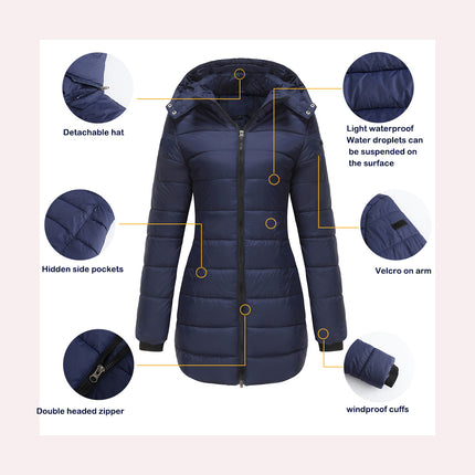 Women's winter windproof warm coat waterproof thickened fashion puffy with removable hood coat