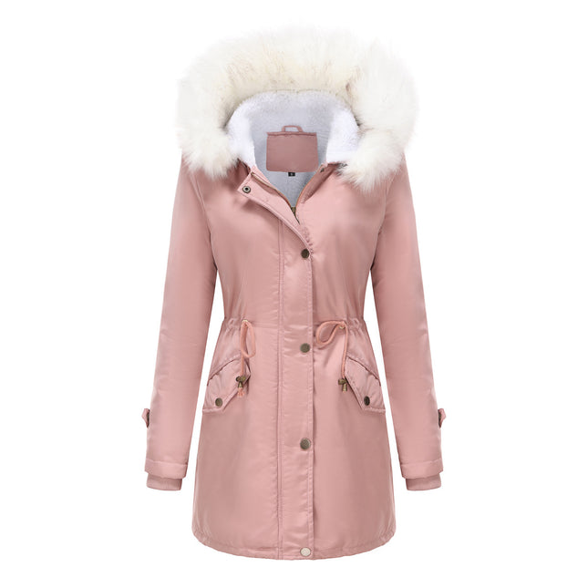 Women's winter jacket, warm wool lined padded parka with detachable fur hood coat