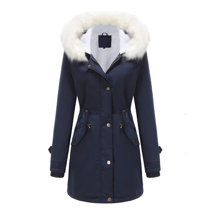 Women's winter jacket, warm wool lined padded parka with detachable fur hood coat