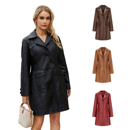 Women's PU faux leather jacket casual single-breasted lapel long suit windbreaker jacket