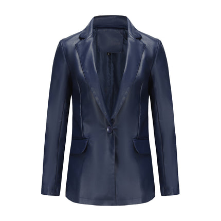 Women's PU Faux Leather Jacket Single Button Suit Jacket Fall and Winter Lapel Coat