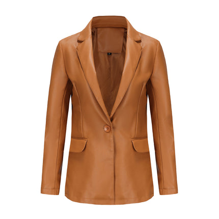 Women's PU Faux Leather Jacket Single Button Suit Jacket Fall and Winter Lapel Coat