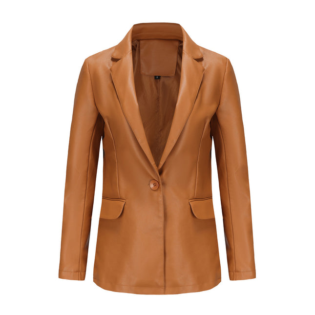 Women's PU Faux Leather Jacket Single Button Suit Jacket Fall and Winter Lapel Coat