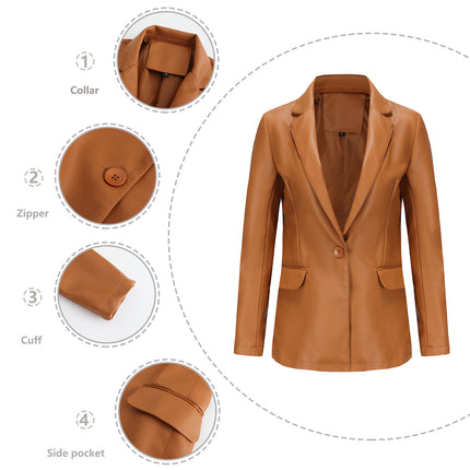 Women's PU Faux Leather Jacket Single Button Suit Jacket Fall and Winter Lapel Coat