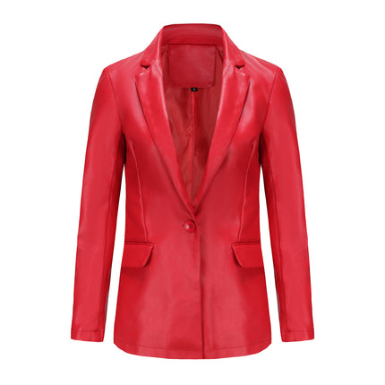 Women's PU Faux Leather Jacket Single Button Suit Jacket Fall and Winter Lapel Coat