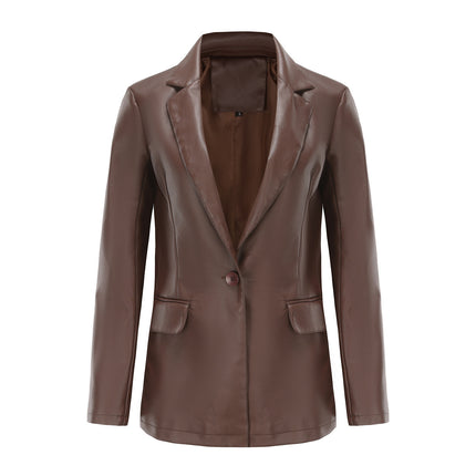 Women's PU Faux Leather Jacket Single Button Suit Jacket Fall and Winter Lapel Coat