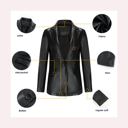 Women's PU Faux Leather Jacket Single Button Suit Jacket Fall and Winter Lapel Coat