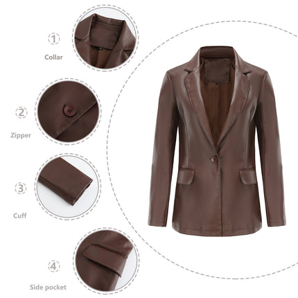 Women's PU Faux Leather Jacket Single Button Suit Jacket Fall and Winter Lapel Coat